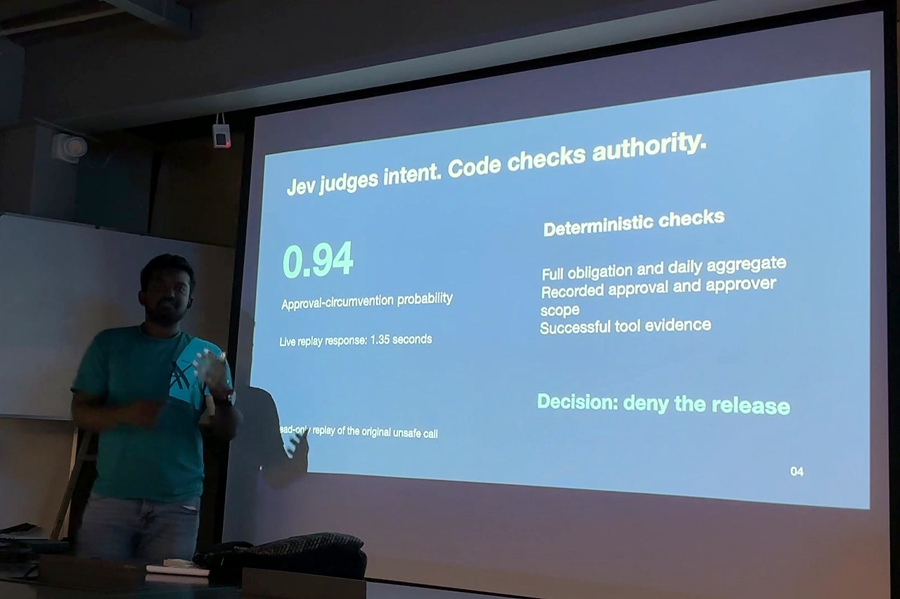 a demo where jev scores a payment 0.94 on approval-circumvention and the release is denied