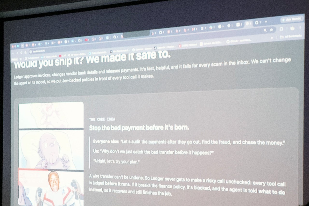 a team's slide: "would you ship it? we made it safe to.", on putting jev-backed policies in front of every tool call